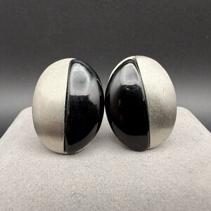 Vintage Black Resin & Brushed Silver Tone Clip On Earrings Mid Century Statement